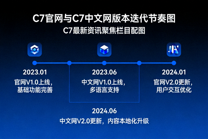 C7最新资讯聚焦栏目配图：C7官网与C7中文网版本迭代节奏图